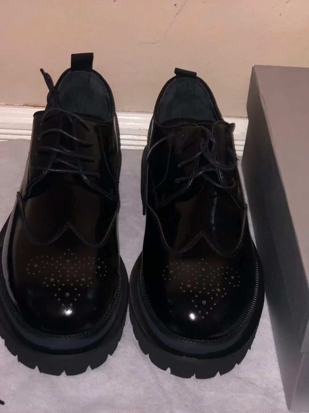 NIB DIVINCH Mens Black Leather Wingtip Brogue Lug Sole Derby Shoes Size 13